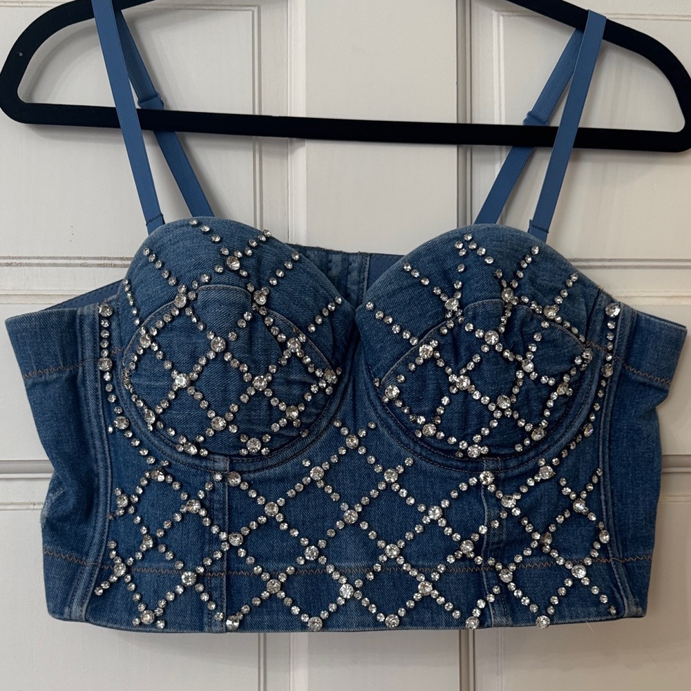 Embellished Denim Bustier Top